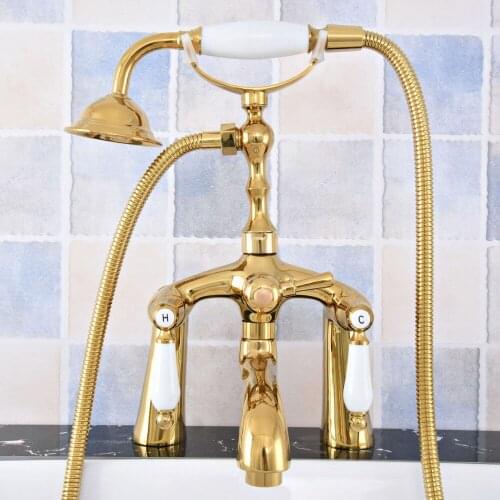 Luxury Gold Color Brass Deck Mounted Bathroom Tub Faucet Dual Handles Telephone Style Hand Shower Clawfoot Tub Filler atf791