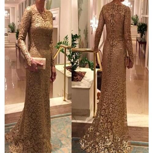 Champagne noble lace bride mother dress long sleeve formal party wedding party guest dress plus size