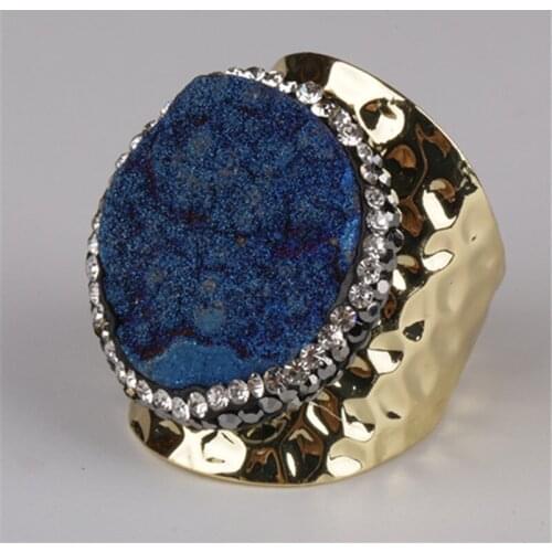 Dark royal blue rough raw druzy stone bead charm pave rhinestone big wide wrap hammered resizable gold women open ring cuff