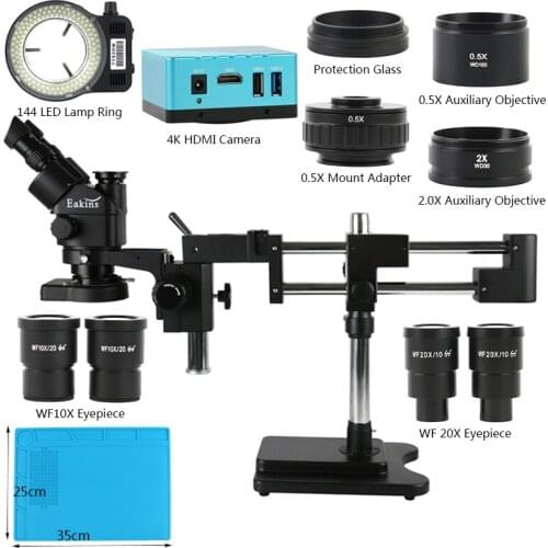 Double Boom Stand + 3.5X-90X Zoom Trinocular Stereo Microscope + Industrial UHD 4K SONY IMX334 HDMI Measuring Video Camera