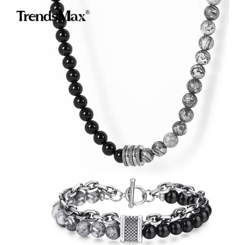 Unique Design Natural Map Stone Bracelet Necklace Set Black Glass Beads Jewelry Sets For Men Women Birthday Party Jewelry Gift