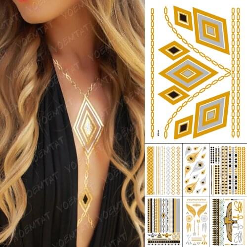 Waterproof Temporary Tattoo Sticker Metallic Gold Silver Necklace Flash Tatoo Women Egyptian Goddess Hies Body Art Fake Tatto