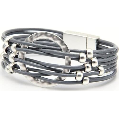 ZG 2018 wrap leather bangle charm leather bracelet with simulated beads 2 layer women jewelry gift in mat silver color