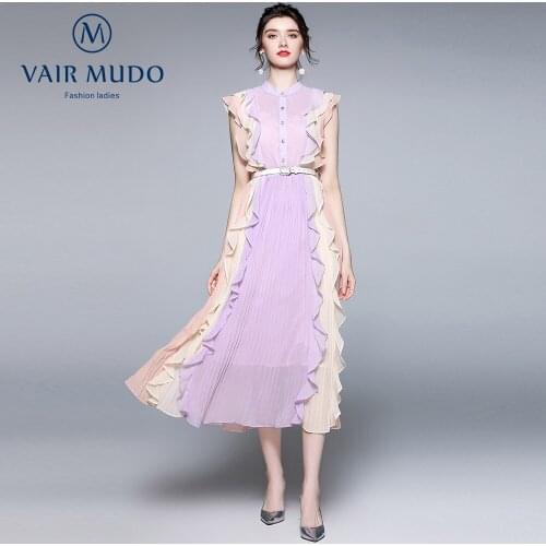 Pleated Design Sense Ruffled Chiffon Temperament Goddess Fan Sleeveless Long Dress Women Summer Fashion Elegant O-Neck Y-239