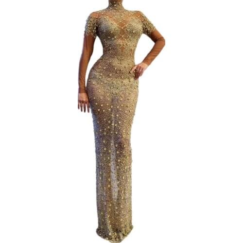 Women Gold Sexy Perspective Backless Rhinestone Long Dress Fashion High Elastic Stage Party Dance Costumes DJ DS Gogo Dancewear