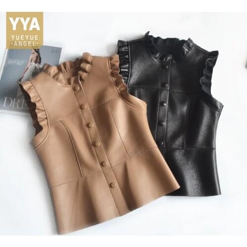 Lady Sleeveless Sheepskin Genuine Leather Vest Top Single Breasted Ruffles Slim Fit Short Waistcoat Elegant Women Leather Vests