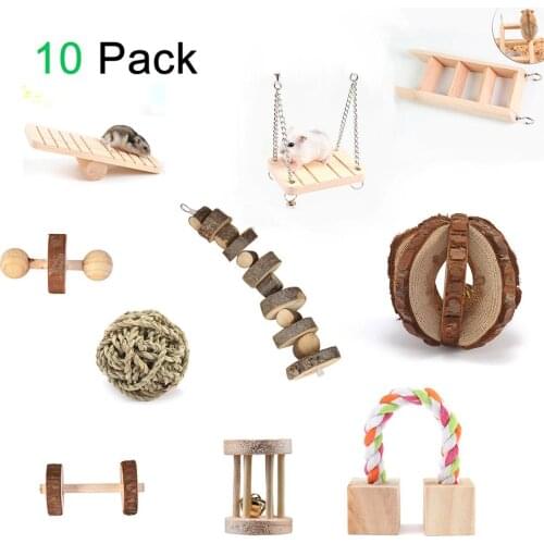 10pcs Hamster Chew Toys Natural Wooden Pine Guinea Pigs Rats Chinchillas Toys Accessories Dumbells Exercise Bell Roller