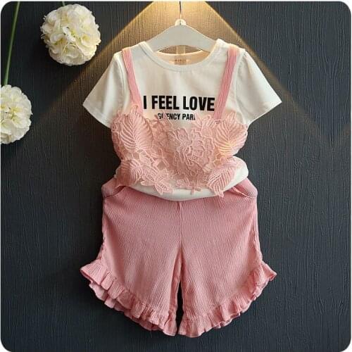 2016 Summer Korean Childrens Garment 2 Pieces Set New Pattern Girl Baby Lace Letter T-Shirt Jacket Culotte Wide Leg Pants Suit