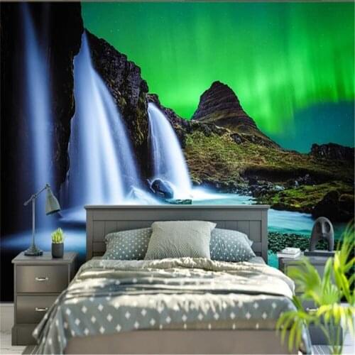 3d wallpaper waterfall landscape sea night northern lights cool gorgeous background wall decoration silk wallpaper