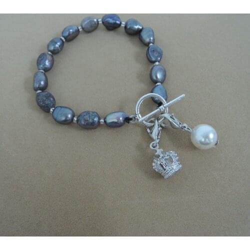 100% nature freshwater pearl bracelet-crown charm ,very nice clasp,7-8.5 mm black color pearl
