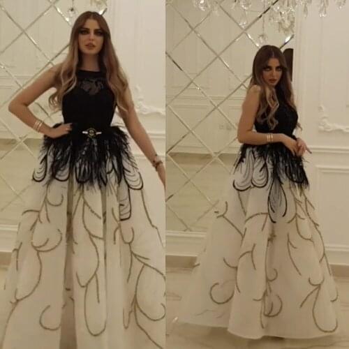 Black and white prom dresses crew neckline beading sequins a line feather beaded evening dresses crystal formal dresses luxury