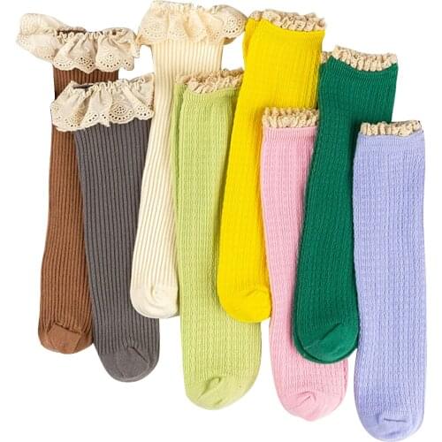 Baby Children Girls Lace Solid Ribber Socks Infant Toddler Warm Soft Cotton Knee High Leg Warmer Kids Autumn Winter Socks 1-8Y