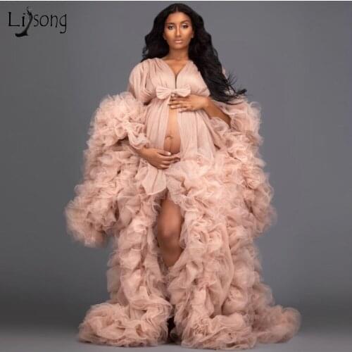 Elegant Puffy Tulle Maternity Dresses Full Sleeves Extra Puffy See Through Women Dresses Photography Long Robes Prom Gowns