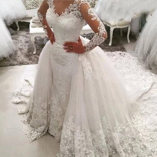 Eeqasn Mermaid Long Sleeve Lace Wedding Dresses Illusion Women Bridal Gown with Detachable Train robe vestidos de novia