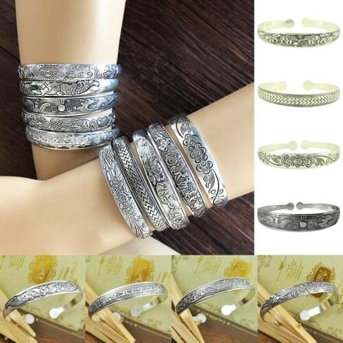 Ethnic Vintage Tibetan Silver Carved Totem Bangle Tibet Mantras Amulets Flower Animal Open Cuff Bracelet Antiqued For Women Gift