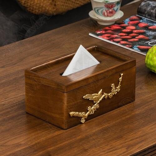 Chinese Solid Wood Tissue Boxes Gilded Bird Decorative Thin Paper Holder Living Room Desktop Multifunction Napkin Organizer