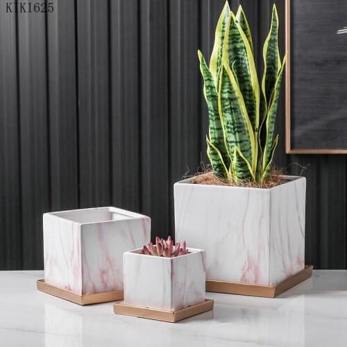 Creative Pink Ceramic Flowerpot with Base Succulent Flower Potted Porcelain Square Flowerpot Garden Courtyard Decoration Modern
