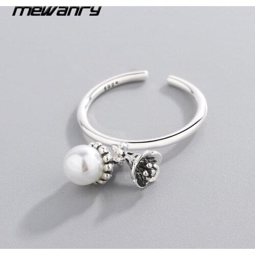 Mewanry 925 Sterling Silver Rings for Women 2021 Trendy Elegant Sweet Pearl Flower Pendant Party Jewelry New Girls Accessories
