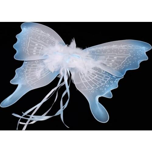 Cute Kids Feather Metal Glitter Fairy Girl Wing Stage Cosplay Costume Party Fancy Dress Supplies 40cm*50cm Light Blue