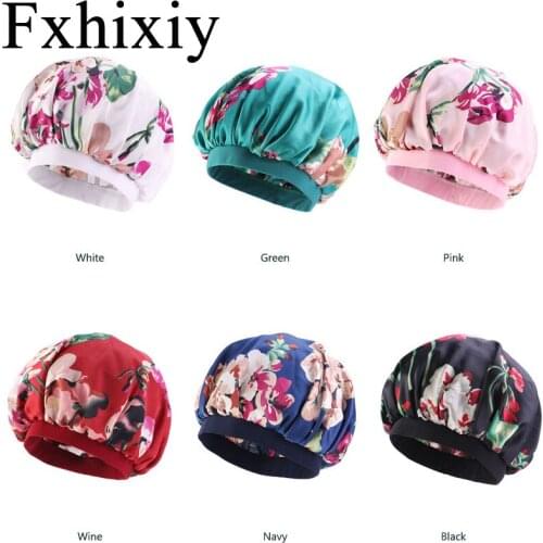 New Women Beauty print Turban Satin Silk Bonnet Sleep Night Cap Head Cover Wide Bonnet Hat for For Curly Springy Hair Black