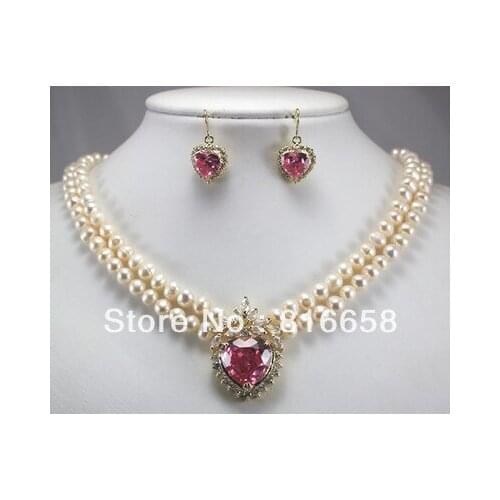 New coming! 2 row white pearl necklace + heart pink zircon pendant earring set