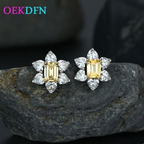 OEKDFN 100% 925 Sterling Silver Earrings Emerald Cut Citrine Created Moissanite Gemstone Wedding Engagement Studs Fine Jewelry