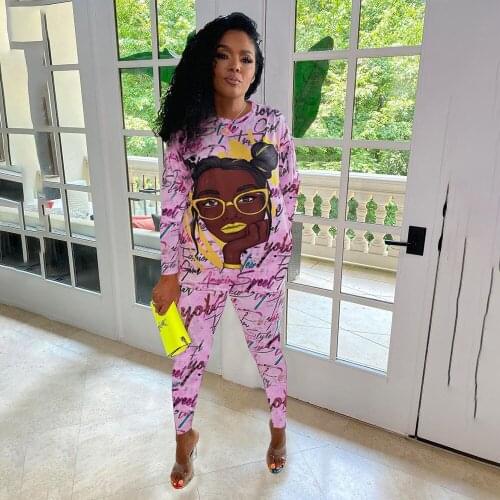 Autumn Ladies Fashion Cartoon Avatar Long-Sleeved Trousers Printed Casual Two-Piece Suit