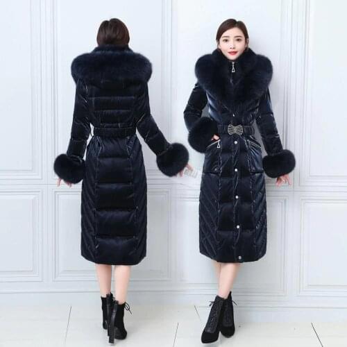 S- 4XL Winter Fake Two Pieces Long Shiny Down Coat Female Thick Warm Waterproof Fluffy Down Fur Coats Real Fox Fur Hooded Parkas