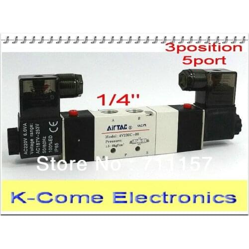 Kom Pnematic Solenoid Valve 5/3 5 Way 3 Position 1/4" BSP 4V230C-08 Double Coil Center Closed LED Light 12v 24v 110v 220v