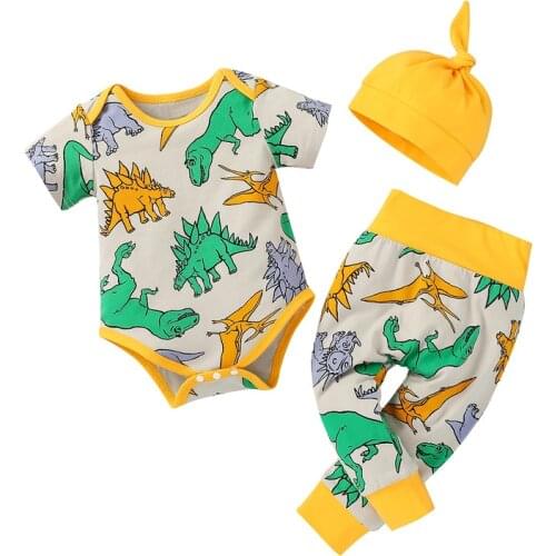 Pudcoco 0-18M 3Pcs Baby Boys Girls Summer Cartoon Print O-Neck Short Sleeve Bodysuit Top+Pants Trousers+Hat Outfit Sets