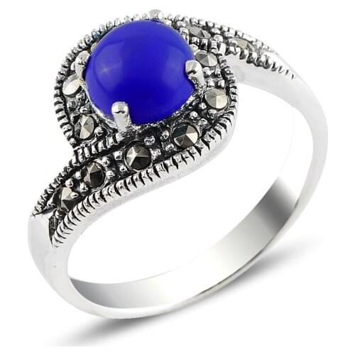 Silver 925 Sterling Lapis Lazuli & Marcasite Ring