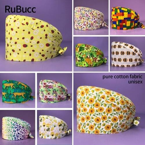 Laboratory Work with Button Scrubs Cap Tooth Pattern Print Unisex Cotton Cartoon Adjustable Scrub Hat Beauty Salon Nursing Caps