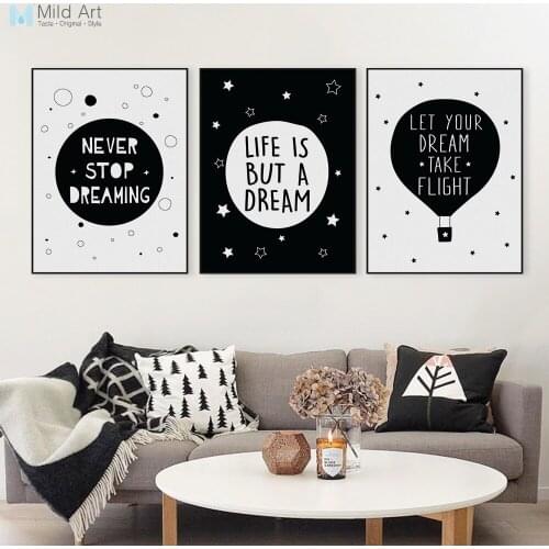 Nordic Black White Typography Dream Life Quotes Art Print Poster Nursery Wall Picture Living Room Decor Canvas Painting Custom