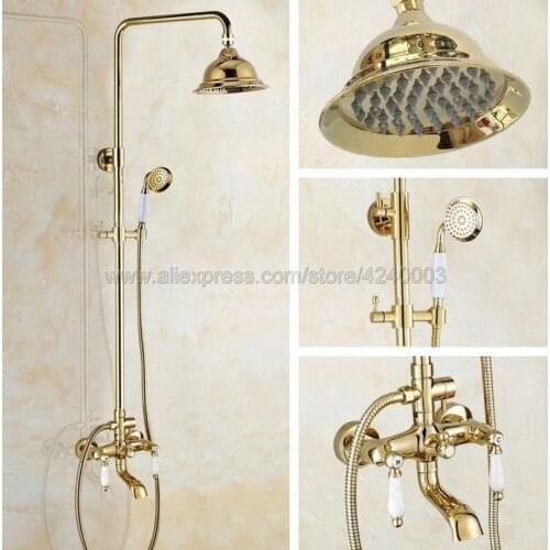 Golden Finish Bathroom Shower Faucet Double Handle Mixer Tap with Hand Shower Tub Mixer Tap Kgf376