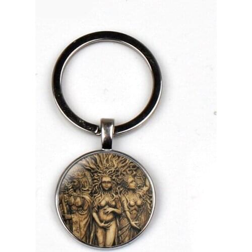 Vintage Statue Pattern Keychain Triple Moon Goddess Pendant Life treePentagram Magic Amulet Glass Jewelry Keyring man woman Gift