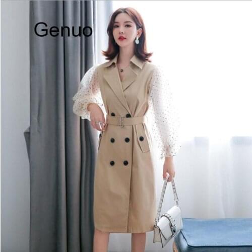 High Quality New Trench Coat For Women Spring And Autumn Mesh Stitching Sleeve Double-breasted Trench Coat Long Dress