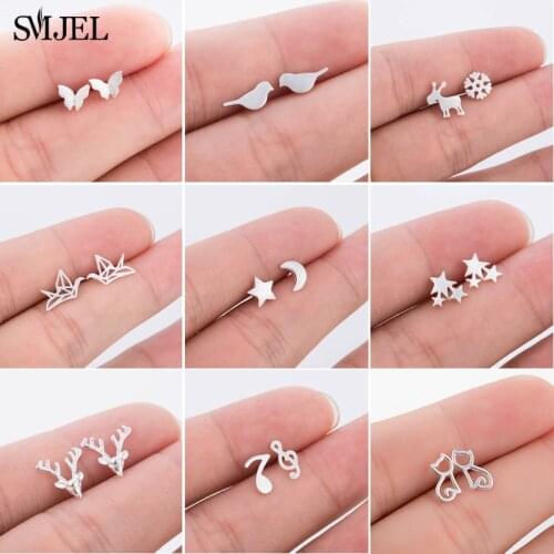 SMJEL Real 925 Sterling Silver Animal Earrings for Women Cute Bird Deer Ghost Music Studs Christmas Earrings Gifts Child
