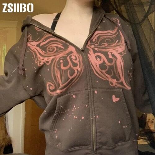 Women Butterfly Print Hoodies Gothic Vintage Harajuku Zip-Up Hoodie Grunge Clothes y2k sweatshirt Print Coats Ladies Streetwear
