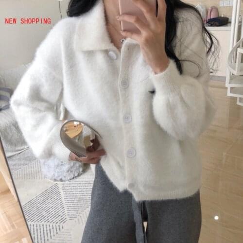 Winter Thicken Warm Women Mohair Sweater Autumn Lapel Single-breasted Ladies Knitted Soft Mink Cardigans Casual Outwear White