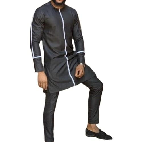 African Fashion Man Pant Sets O-neck Top And Trouser Senator Style Mens Outfit Dashiki Wear Patchwork Black/white Mix Shirt