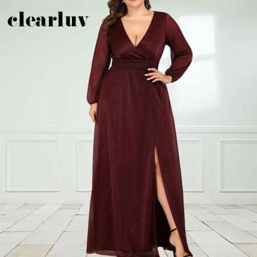 Burgundy Vestidos De Fiesta DR1549 A-Line Floor-Length Women Party Dresses Shining Sequin Evening Gown Deep V-Neck Elegant Dress