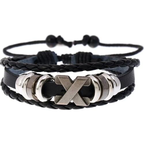 Punk Fashion Alloy X Charms Black Leather Bracelet for Women Men Jewelry Vintage Multilayer Beads Bangle Wrap Wristbands Hiphop
