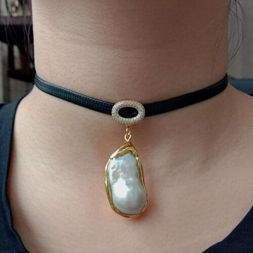 12" New Design Black Velvet Ribbon Choker Necklace necklace 19x35mm cultured white keshi pearl pendant For Women Collares Mujer