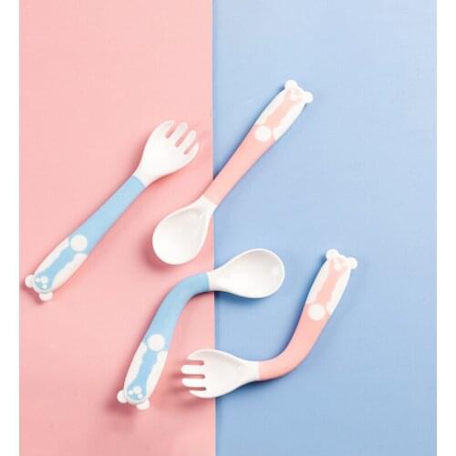 Kids Cute Cartoon Food Grade PP Baby Silicone Spoon Tableware Bendable Children Gifts Utensil Spoon Fork Feeding Dishware Set