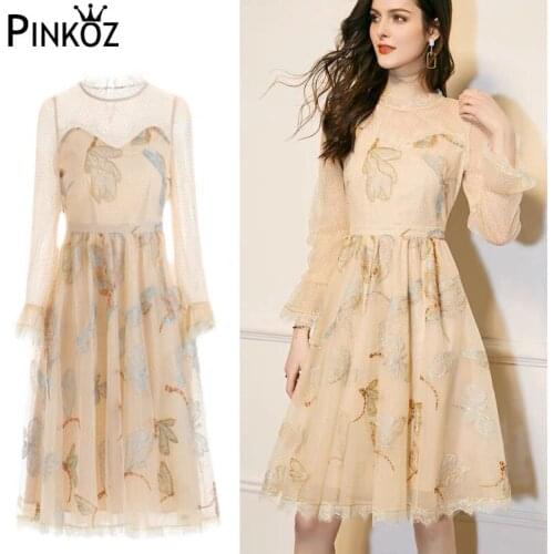 Pinkoz elegant beige stand collar flare sleeve dragonfly animal printed embroideried mesh midi dresses for women vestidos chic