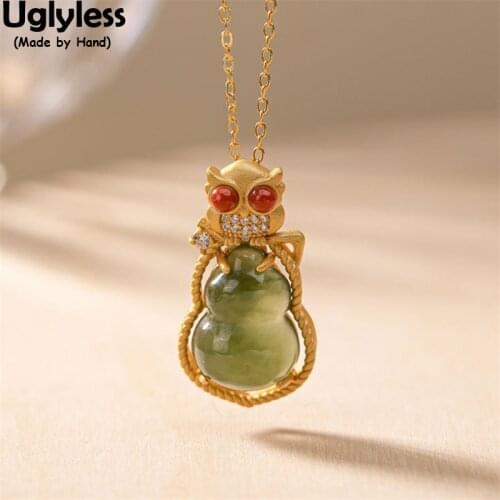 Uglyless Cool PUNK Skull Owl Necklaces Women Sparkly Zircons Crystals Teeth Pendants +Chains 925 Silver Agate Jade Gourd Jewelry