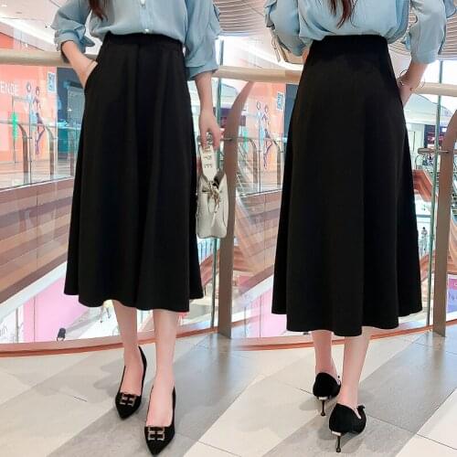 Summer Lady Midi Skirt Elastic High Waist Plus Size Korean Version Style Beautiful Fashion Black A-line Commute Skirt #09005