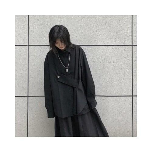 2020 new small design dark black series irregular loose long-sleeved shirt student girl