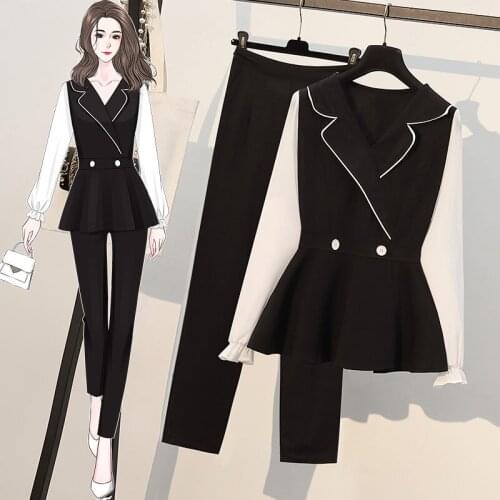 2021 Autumn New Large Size L-4XL Temperament Long Sleeve Top And Suit Straight Pants Ladies Professional Two Piece Set e340