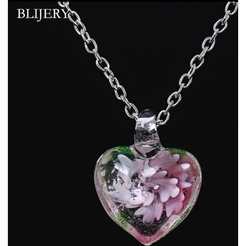 BLIJERY Charm Pink Flower Inside Heart Shape Art Murano Lampwork Glass Pendant Necklaces for Women Girls Summer Jewelry Gift